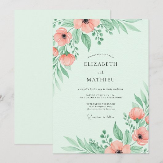 Mint Green Breezy Spring Wedding 招待状 (正面/裏面)