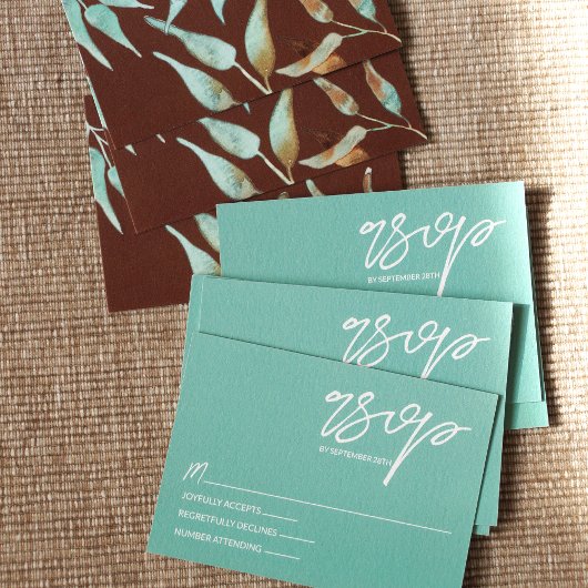Mint Green, Brown Leaves Wedding RSVP Card アドバイスカード