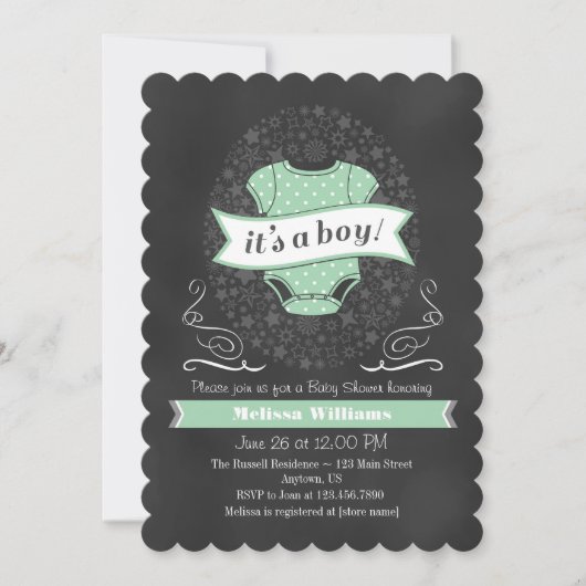 Mint Green Chalkboard Boy Baby Shower Invite 招待状 (正面)