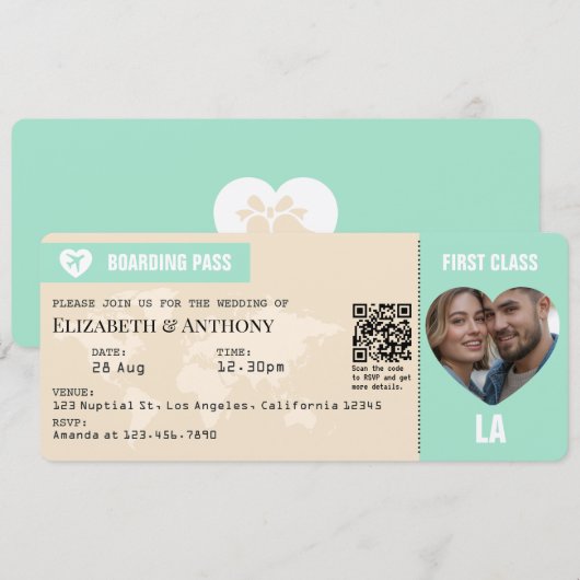 Mint Green & Champagne Boarding Pass Wedding 招待状 (正面/裏面)