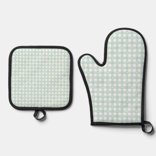 Mint Green Checks Oven Mitt & Pot Holder Set 鍋つかみ&鍋敷きセット (正面)