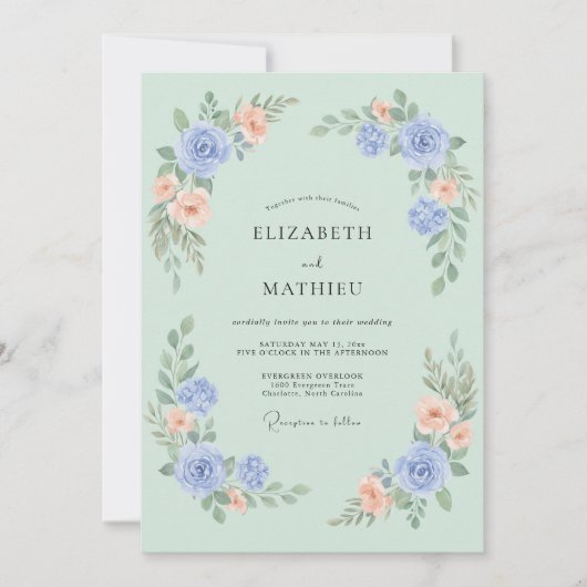 Mint Green Dainty Flora Wedding 招待状 (正面)