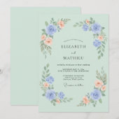 Mint Green Dainty Flora Wedding 招待状 (正面/裏面)