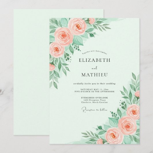 Mint Green Dainty Spring Wedding 招待状 (正面/裏面)