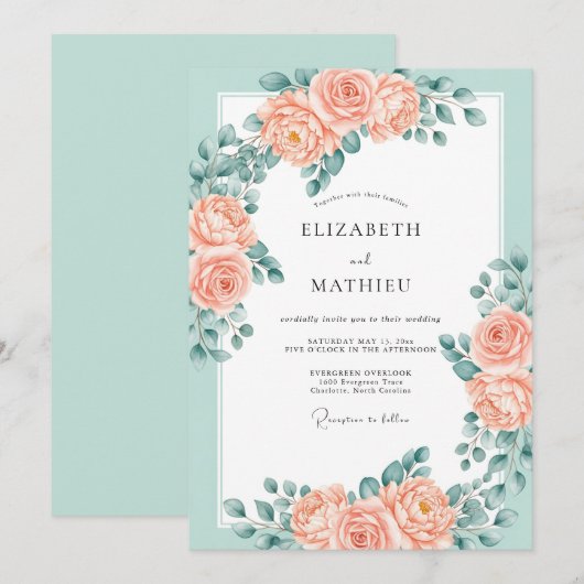Mint Green Dazzling Spring Wedding 招待状 (正面/裏面)
