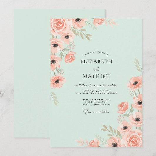 Mint Green Delightful Spring Wedding 招待状 (正面/裏面)