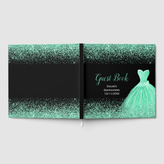 Mint Green Dress Faux Glitter Quinceanera ゲストブック (全面)