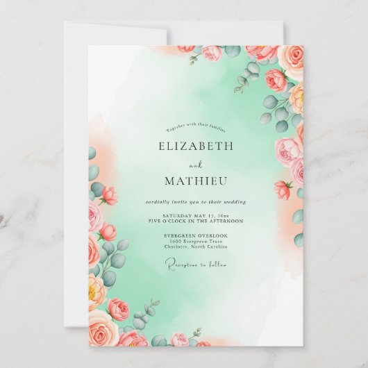 Mint Green Ethereal Watercolor Wedding 招待状 (正面)