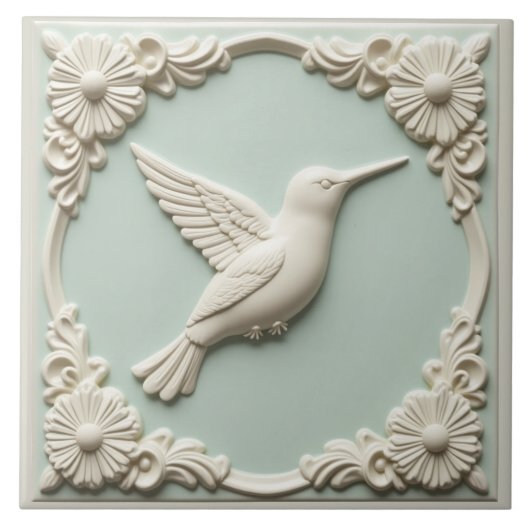 Mint green faux relief Art Nouveau Hummingbird  タイル (正面)