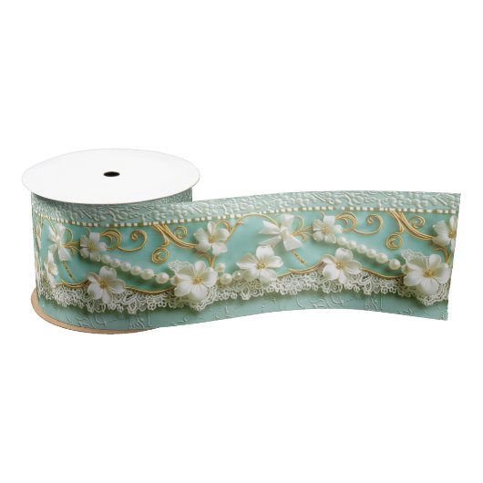 Mint Green Floral サテンリボン (リール)