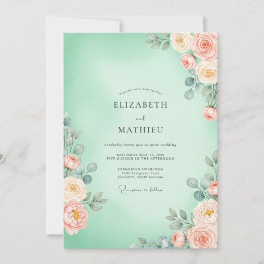 Mint Green Floral Blossom Wedding 招待状 (正面)