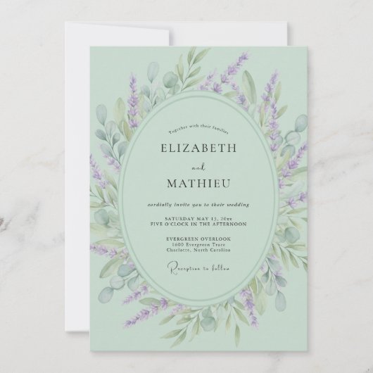 Mint Green Floral Botanical Wedding 招待状 (正面)