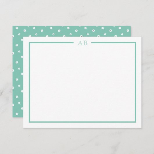 Mint Green Floral Monogram Note Cards ノートカード (正面/裏面)