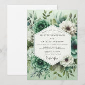 Mint Green Floral Opulence Wedding 招待状 (正面/裏面)