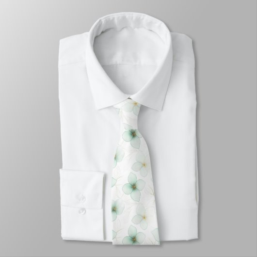Mint Green Floral Pattern on White Background ネクタイ (タイ)