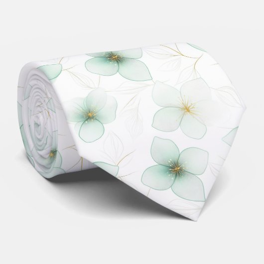 Mint Green Floral Pattern on White Background ネクタイ (ロール)