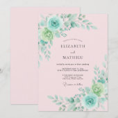 Mint Green Floral Romance Wedding 招待状 (正面/裏面)