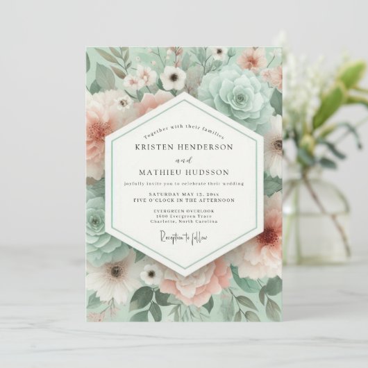 Mint Green Floral Romance Wedding 招待状 (スタンド正面)