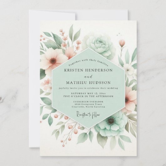 Mint Green Floral Whimsy Wedding 招待状 (正面)