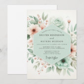 Mint Green Floral Whimsy Wedding 招待状 (正面/裏面)