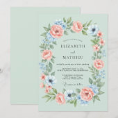 Mint Green Floral Wreath Wedding 招待状 (正面/裏面)