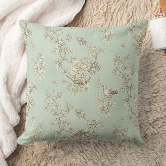 Mint Green French Country Birds and Floral Toile 1 クッション (ブランケット)