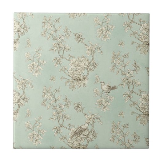 Mint Green French Country Birds and Floral Toile 1 タイル (正面)
