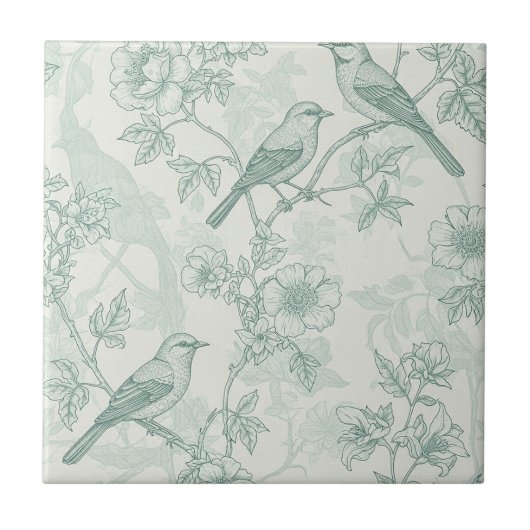 Mint Green French Country Birds and Floral Toile 2 タイル (正面)