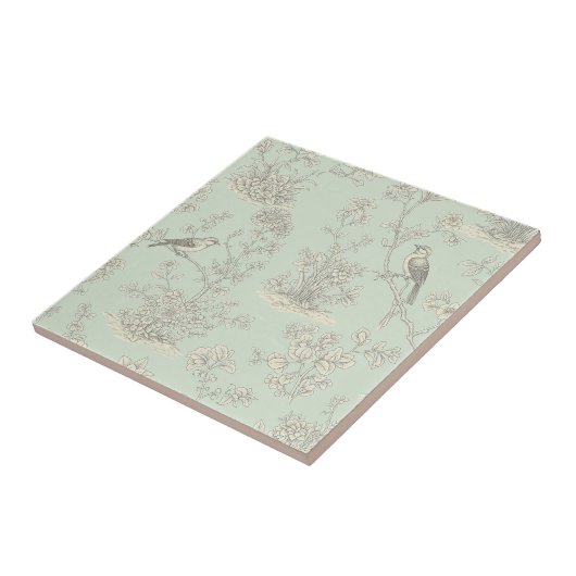 Mint Green French Country Birds and Floral Toile 3 タイル (側面)