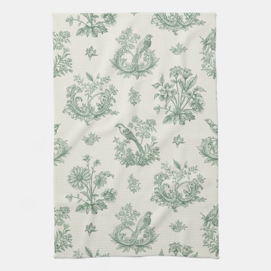 Mint Green French Country Birds and Floral Toile 4 キッチンタオル (縦)
