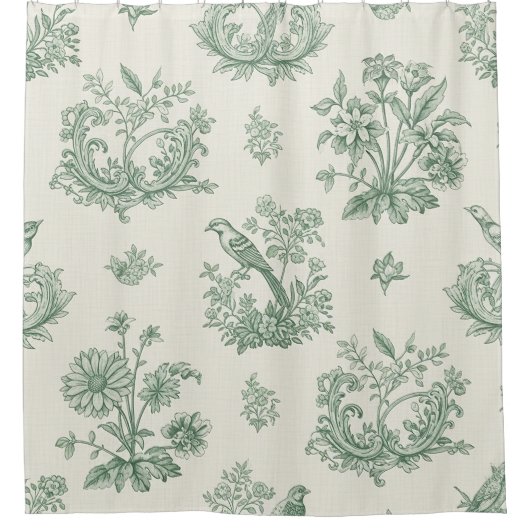 Mint Green French Country Birds and Floral Toile 4 シャワーカーテン (正面)