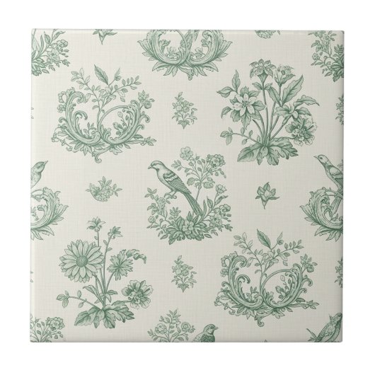 Mint Green French Country Birds and Floral Toile 4 タイル (正面)