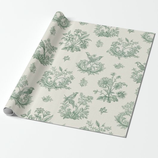 Mint Green French Country Birds and Floral Toile 4 ラッピングペーパー (アンロールド)