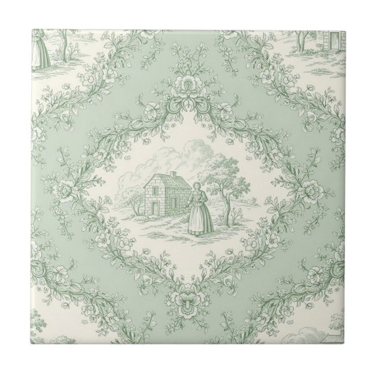 Mint Green French Country Floral Toile - Farmhouse タイル (正面)