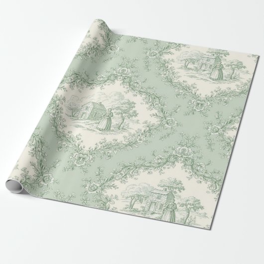 Mint Green French Country Floral Toile - Farmhouse ラッピングペーパー (アンロールド)