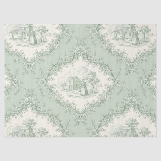 Mint Green French Country Floral Toile - Farmhouse 薄葉紙 (正面)
