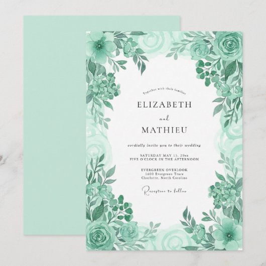 Mint Green Fresh Botanical Wedding 招待状 (正面/裏面)
