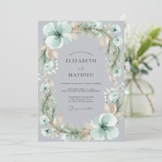 Mint Green Frosty Botanical Wedding 招待状 (スタンド正面)