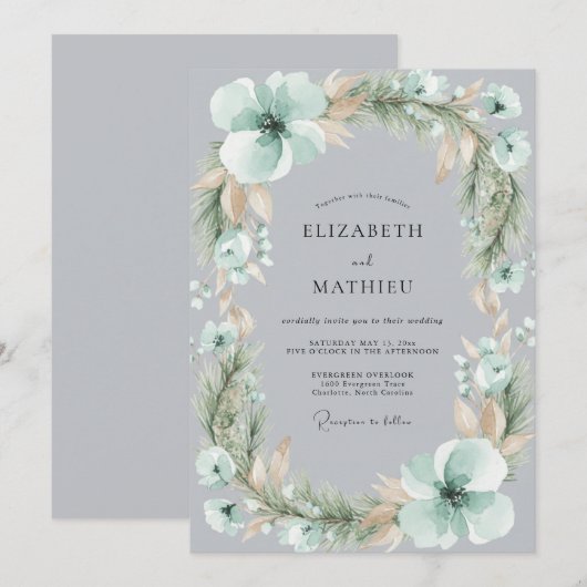 Mint Green Frosty Botanical Wedding 招待状 (正面/裏面)