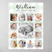 Mint Green Gingham First Birthday Photo Timeline ポスター (正面)