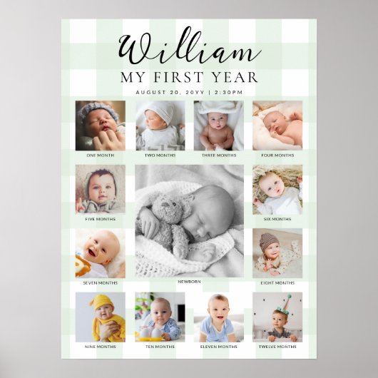 Mint Green Gingham First Birthday Photo Timeline ポスター (正面)