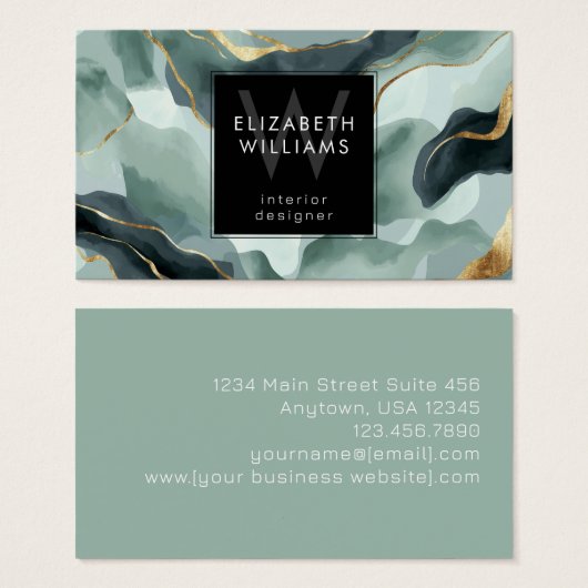 Mint Green Gold Abstract Monogram Business Cards (正面&裏面)