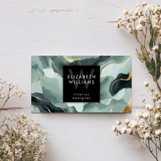Mint Green Gold Abstract Monogram Business Cards