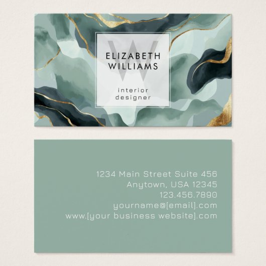 Mint Green Gold Abstract Monogram Business Cards (正面&裏面)