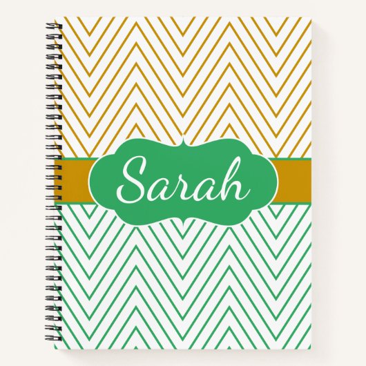 Mint Green Gold Chevron Personalized Pattern ノートブック (正面)