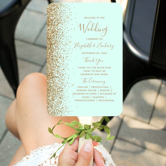 Mint Green Gold Glitter Wedding Program ハンドファン