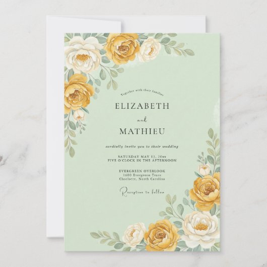 Mint Green Golden Bloom Wedding 招待状 (正面)