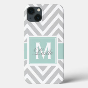 MINT GREEN, GRAY CHEVRON PATTERN PERSONALIZED iPhone 13ケース