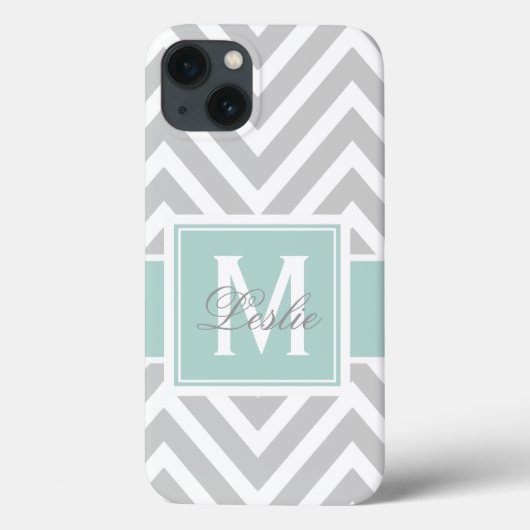 MINT GREEN, GRAY CHEVRON PATTERN PERSONALIZED Case-Mate iPhoneケース (裏面)