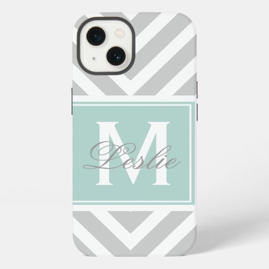 MINT GREEN, GRAY CHEVRON PATTERN PERSONALIZED iPhoneケース (裏面)